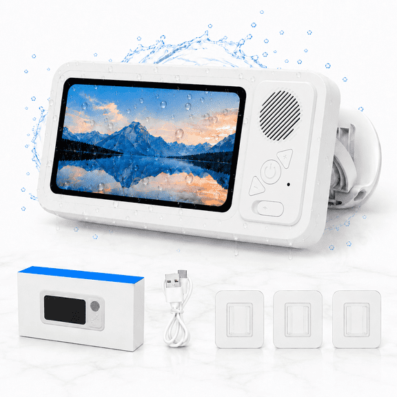CreWear Waterproof Shower Phone Holder with Bluetooth Speaker, Bathroom Wall Mount Phone Case, IPX5 Clear Touch Window, Fits Phones Under 7 in, White