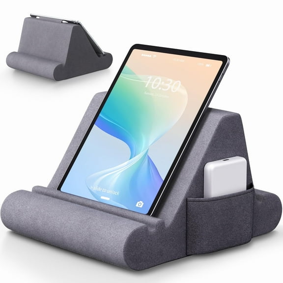 CreaDream Tablet Pillow Stand, Soft Pillow Pad for Lap, Tablet Holder Dock for Bed with 3 Viewing Angles, Pocket, Stylus Mount,Grey