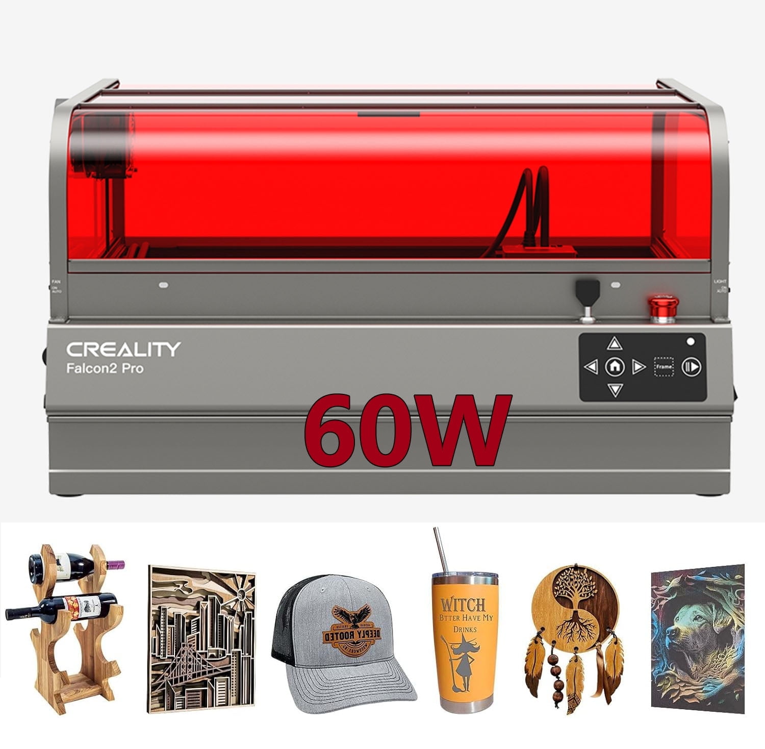 Creality Falcon2 Pro 60W Pro-safe Laser Engraver & Cutter Smart Camera & Air Assist & Auto Fan for Wood, Bamboo, Rubber Leather, Fabric, Acrylic, Plastic