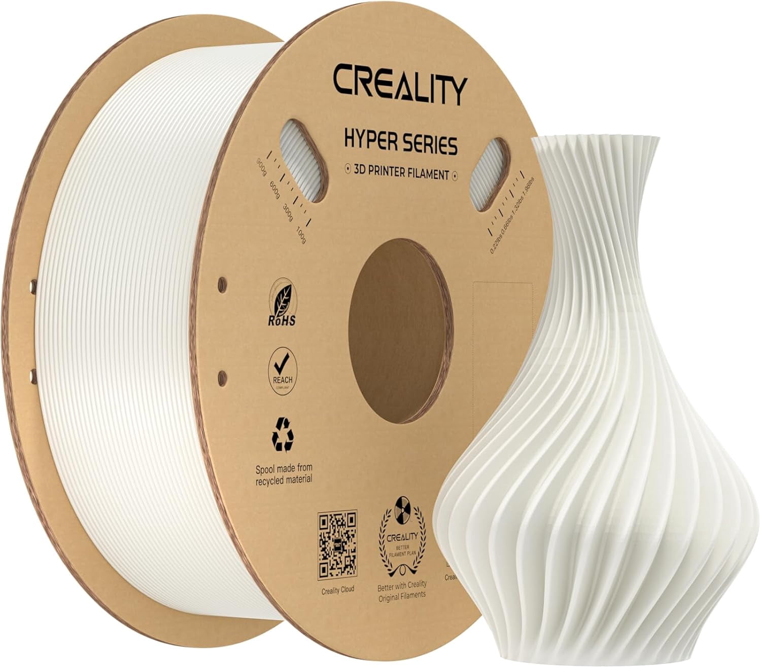 Creality Hyper PLA RFID PLA Filament 1.75mm White 1kg (2.2lb) High-Speed Up to 600mm/s, RFID for Creality CFS, ±0.03mm Accuracy, Part 3301010405 - 1 Unit Per Pack