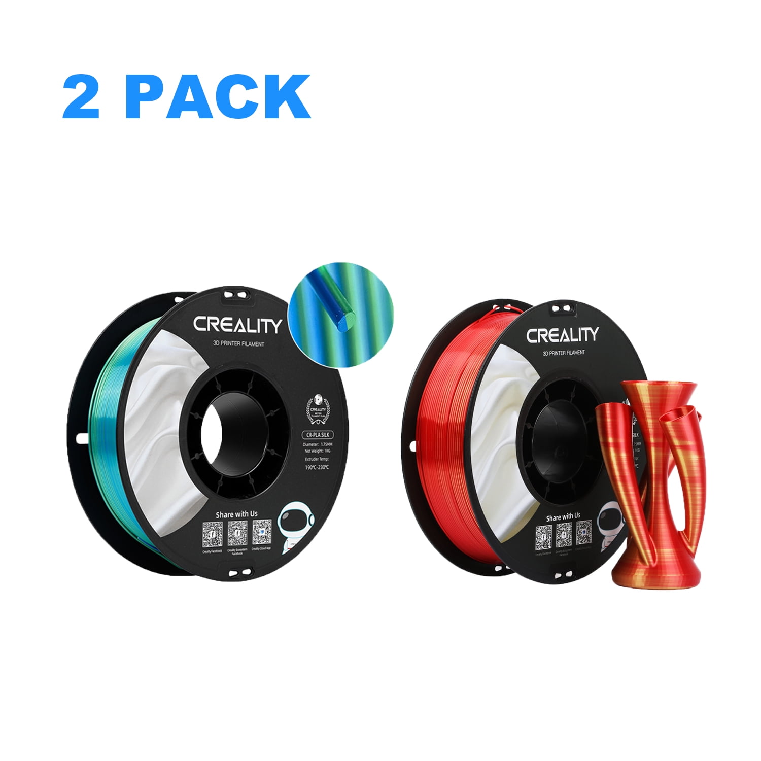 Creality Official 3D Printer Filament 2 Packs 1.75mm Silk PLA Filament Pro, Smooth and High Gloss Silk PLA Dimensional Accuracy ±0.03mm for All Fused Deposition Modeling Printers