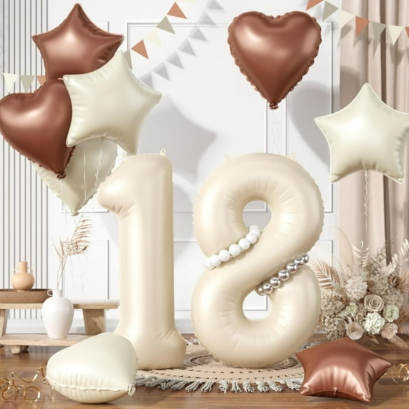 Cream 18 number balloons, Cream number 18 balloon set, Cream foil star Heart balloon with long latex balloon for girls birthday party decoration