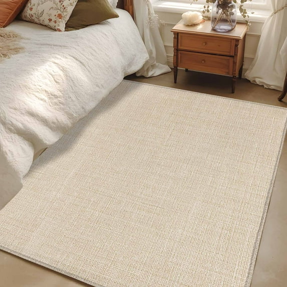 Cream 2.7x5 Area Rugs, Farmhouse Burlap Solid Beige Color Modern Linen Texture Non-Skid Rubber Backing Large Rectangle Rugs - Living Room Bedroom Home Office, Indoor Floor Mat Carpets Washable Rug