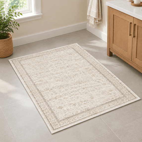 Cream 2x5 Runner Rugs For Bathroom Floor Geometric Flthrow Washable ...