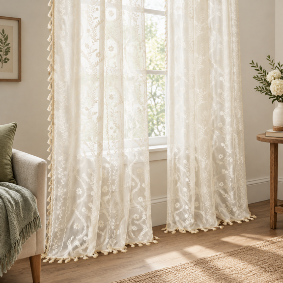 Cream 52"W x 96"L (Pack of 2) Boho Lace Sheer Window Curtain Panels