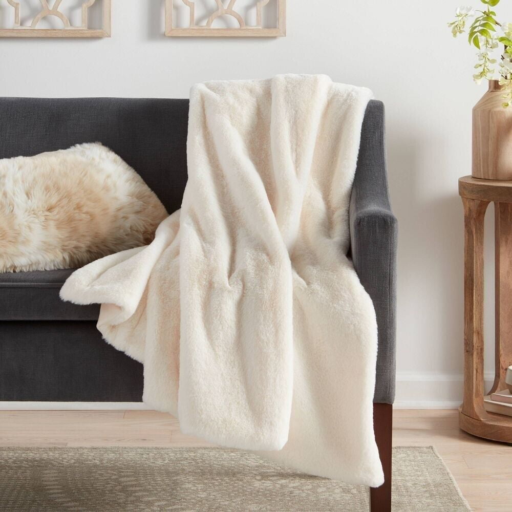 Threshold Faux Rabbit Fur Soft Throw Blanket, Off White 60