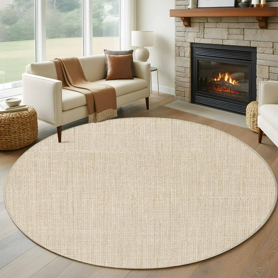 Cream 8ft Round Rug, Farmhouse Burlap Solid Beige Color Modern Linen Texture Non-Skid Rubber Backing Large Area Rugs - Living Room Bedroom Home Office, Indoor Floor Mat Carpets Washable Rug