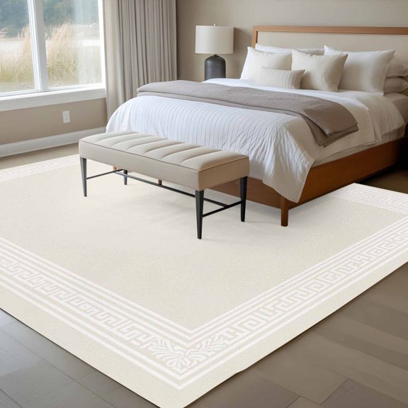 Cream Abstract Art 6x9 Rug for Dining Room Table and Chair Setup, Geometric Greek Key Country Farm Low Pile Washable Non Slip Rectangle Area Rug
