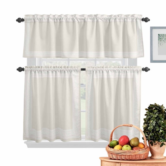Cream Abstract Art Kitchen Curtains Valances 3 Piece Set, Geometric Greek Key Country Farm Rod Pocket Tier Curtain and Valance Drapes for Small Window 24 Inch Length for Bedroom Cafe