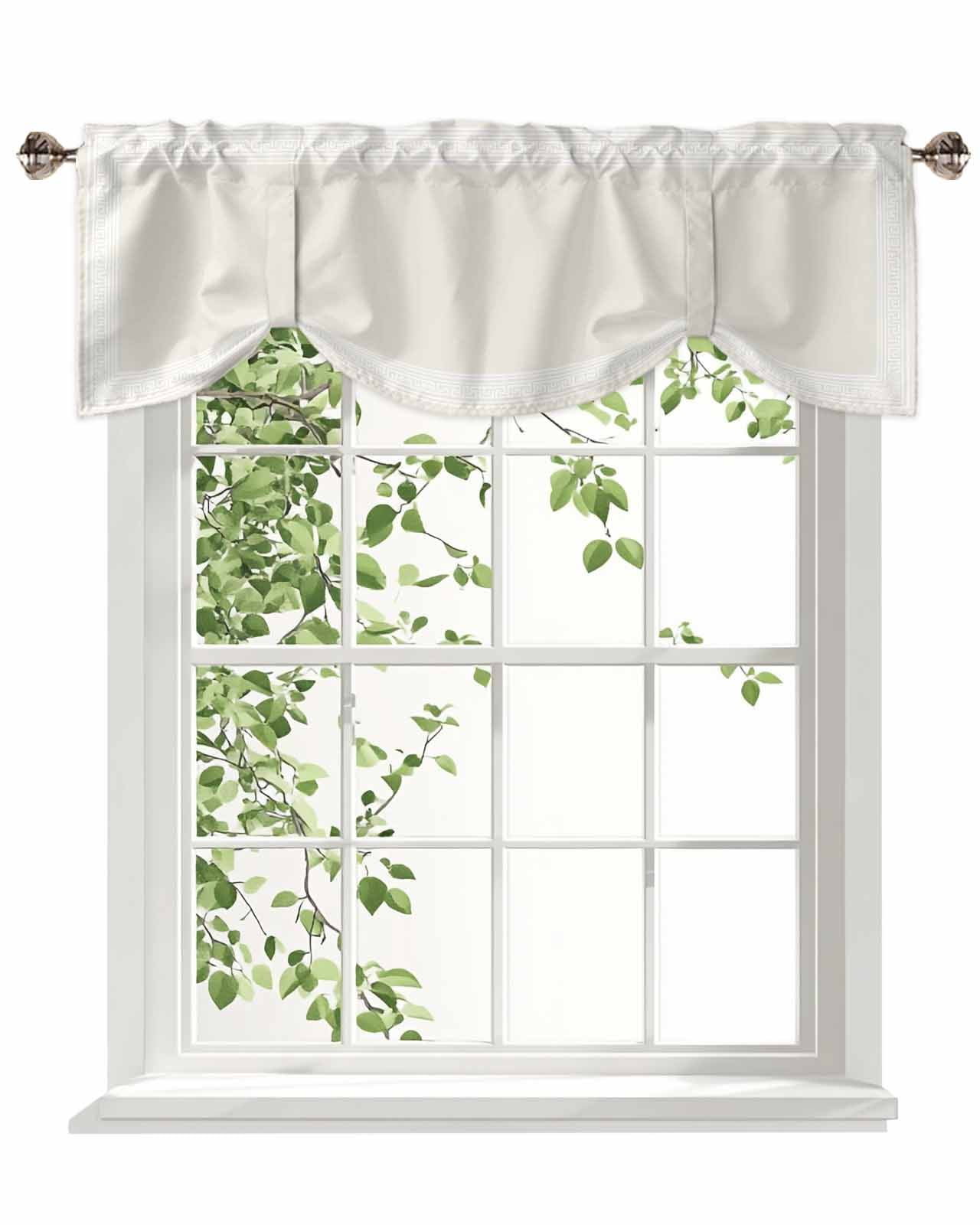 Cream Abstract Art Tie Up Valances Curtain, Adjustable Kitchen Geometric Greek Key Country Farm Valances for Windows Decor, Rod Pocket Short Curtains Set for Bedroom/Bathroom, 54"x18"