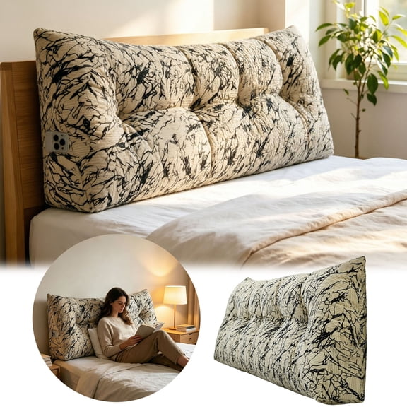 Cream Abstract Line Print Corduroy Triangular Headboard Pillow with Side Pocket, Reading Bed Rest Wedge Backrest Cushion for Bedroom Dorm Sofa （60cm）