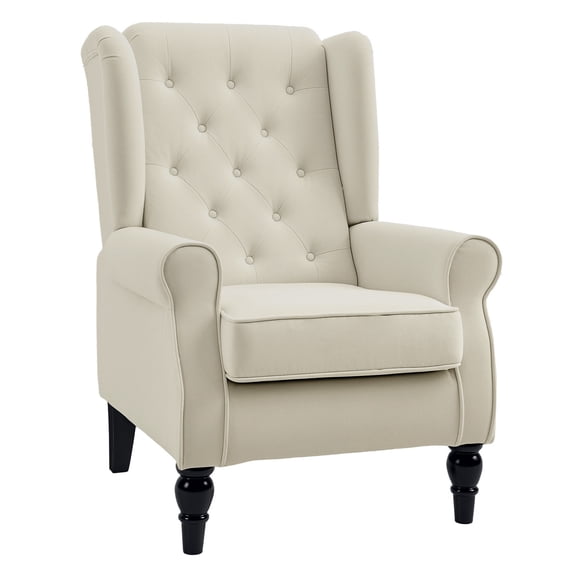 Cream Accent Chair, Wingback Tufted Chair, Living Room Chair, Rounded Armrests, Thick Padded Seat, Snow Flannel Upholstery, Modern Home Dcor