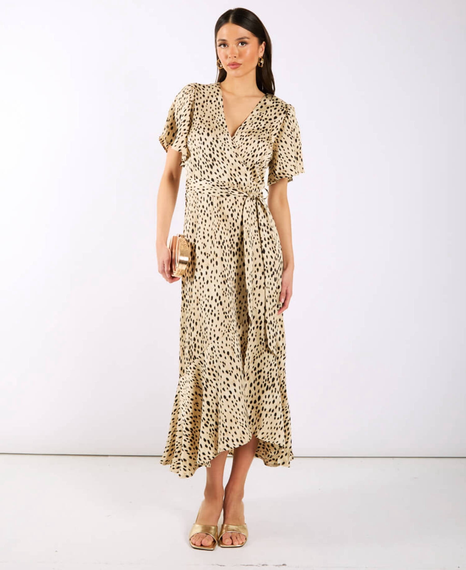 cream satin wrap dress Ivory Wrap Satin Dress With Flutter Sleeves