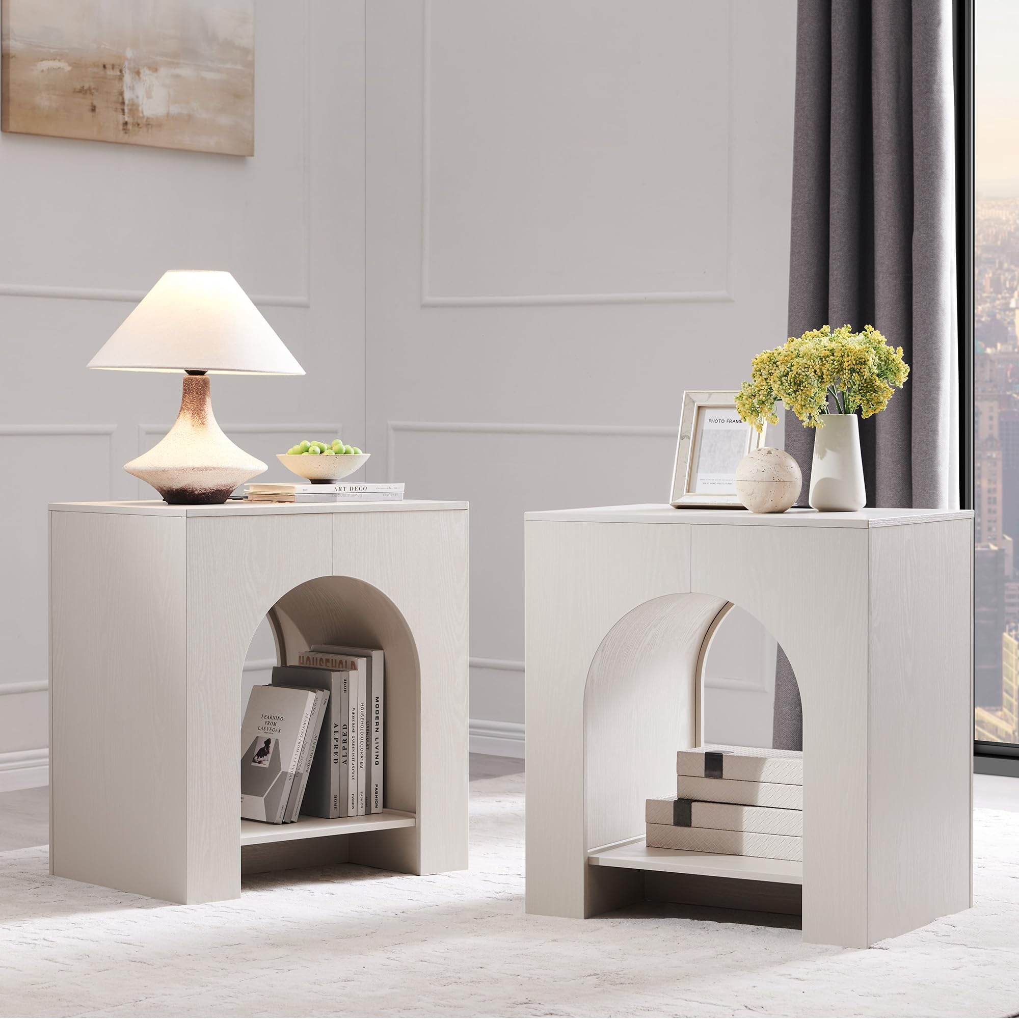 Cream Arched Nightstand Set of 2, Modern Side Table with Charging ...