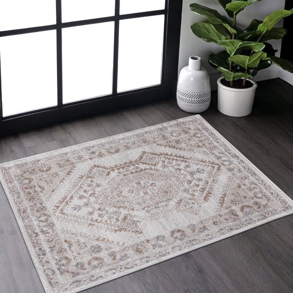 Cream Area Rug, 0.35in Pile, Stain-Resistant / Suitable for High-Traffic Entryways