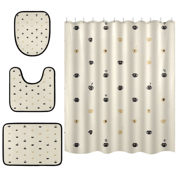 Cream Background Bathroom Accessory Curtain Sets Bath Curtain Anti-Slip Mats and Toilet Pad 66x72in