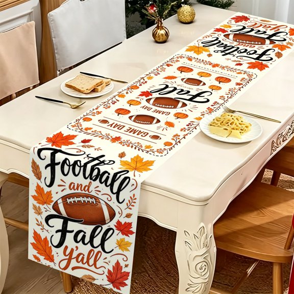 Cream Background Cursive Quote Football Autumn Foliage Print Polyester Table Runner, Multi Size, Household Tabletop Decor