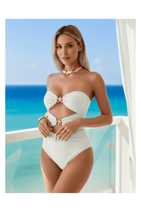 Cream Bandeau One Piece Swimsuit - Women's Starfish Cutout Swimwear; Classic Solid Color Bathing Suit; Adjustable Strapless Bikini; Summer Beach Pool Vacation