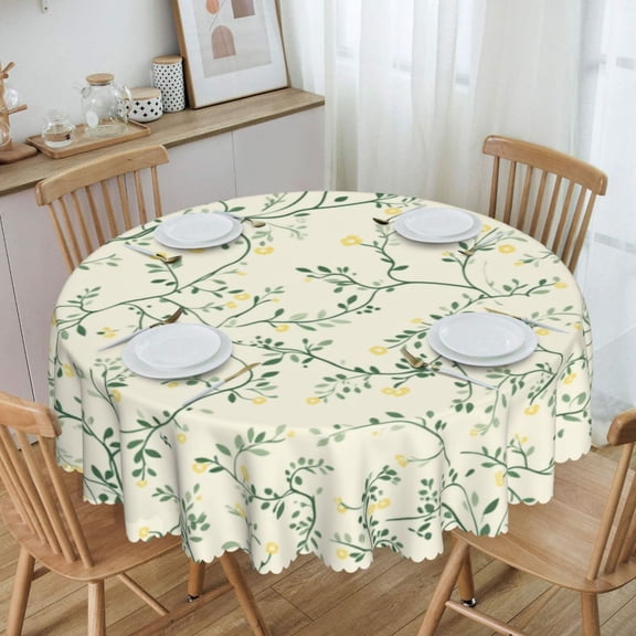 Delicate Green Vines With Tiny Yellow Blooms Round Tablecloth Waterproof Oil-Proof Plastic Table Cloth Stain-Resistant Wipeable 60" for Camping, Dining, Indoor and Outdoor