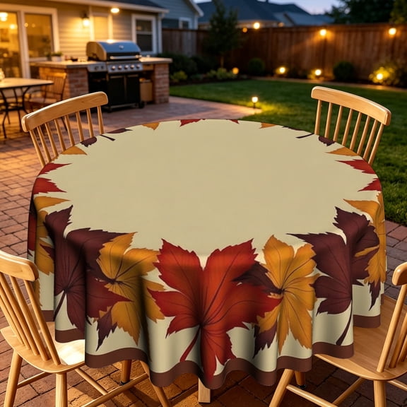 Cream Base Autumn Mixed Fall Leaf Border Pattern Round Tablecloth, Home Table Decor For Family Holiday Gathering