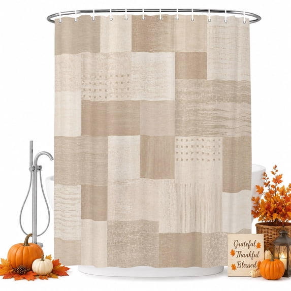 Cream Beige Checked Shower Curtain, Waterproof Shower Curtains for Bathroom, Vintage Buffalo Plaid Farmhouse Washable Fabric Bathtub Curtain Set Bath Decor with 12 Hooks 48"x72"