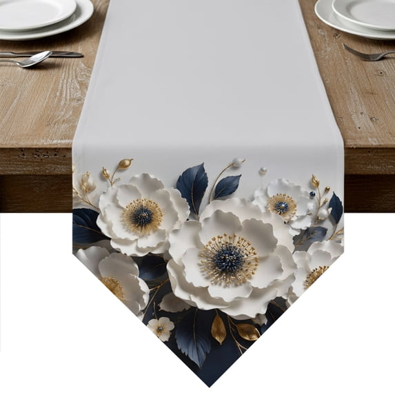 Cream Beige Flowers Table Runner Linen Burlap Table Runner 70 Inches Long Modern Chic Floral Navy Blue Leaves Dresser Scarves for Kitchen Island Coffee Dining Room Party Holiday Decoration 13"x70"