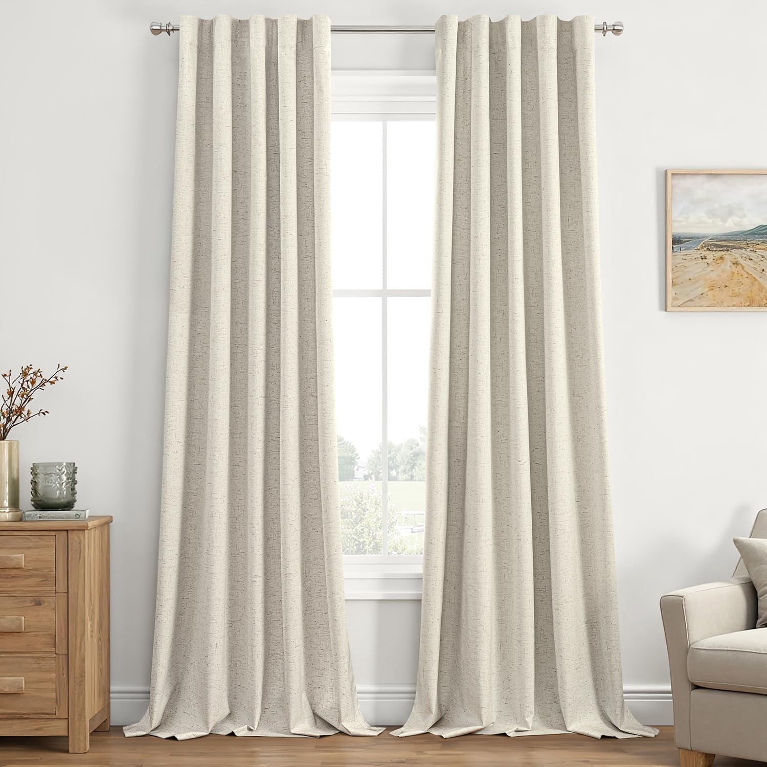Cream Beige Linen Blackout Curtains 84 inch Long 2 Panels Set for Bedroom Back Tab Thermal Insulated 100% Black Out Drapes Pinch Pleated Hooks Room Darkening Window Curtain for Living Room