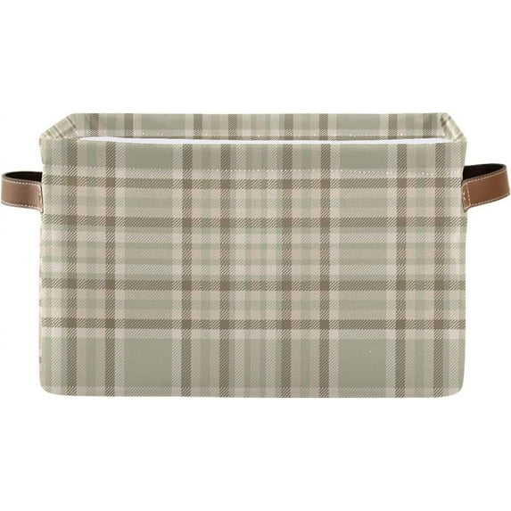 Cream Beige Plaid Tartan Square Storage Basket Storage Bins Canvas Storage Organizer Closet Shelf Organizer for Home Office, 1 Pc
