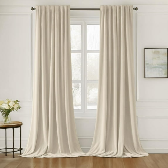 Cream Beige Velvet Curtains 96 inches Long 2 Panels - Luxury Pinch Pleated Room Darkening Window Drapes for Bedroom Living Room Thermal Insulated Super Soft, Back Tab Rod Pocket Elegant Decor