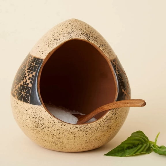 Cream Black Checker Terracotta Salt Cellar