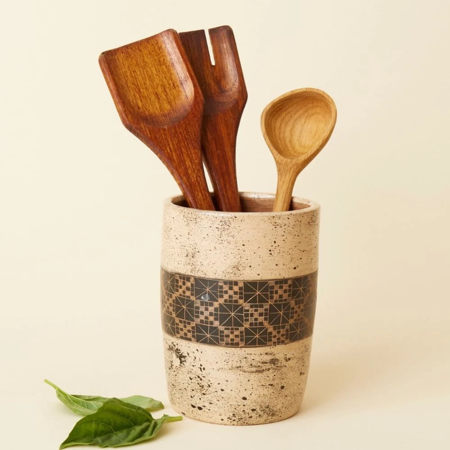 Cream Black Checker Terracotta Utensil Holder
