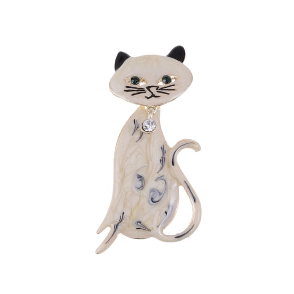 Cream Black Hand Paint Enamel Rhinestone Bowtie Bobble Head Kitty Cat Pin Brooch