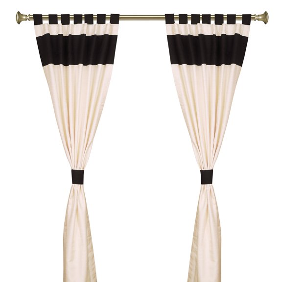 Cream Black Tab Top Raw Silk Curtain (43 in. x 96 in.) With Matching Tieback -Pair