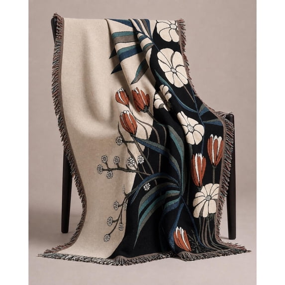Cream, Black, Teal and Rust Botanical Floral Woven Throw Blanket, 100% ...