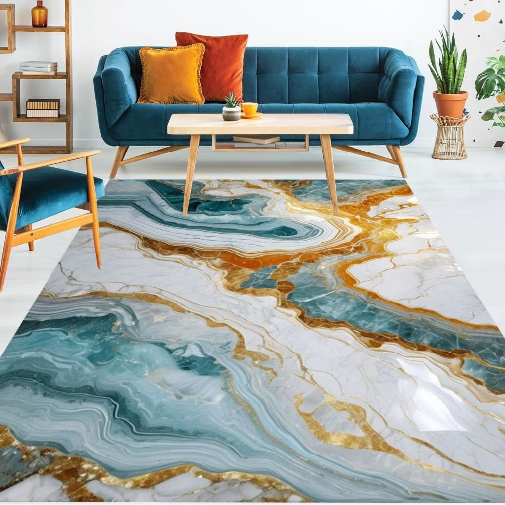 Cream Blue Gold Luxury Modern Abstract Marble Texture Rug For Living ...