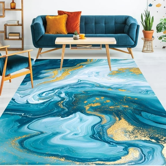Cream Blue Gold Modern Aesthetic Marble Abstract Area Rug Machine Washable Rug For Living Room Bedroom Diningroom Luxury Guestroom Home Office Kitchen Indoor Carpet 5x6ft