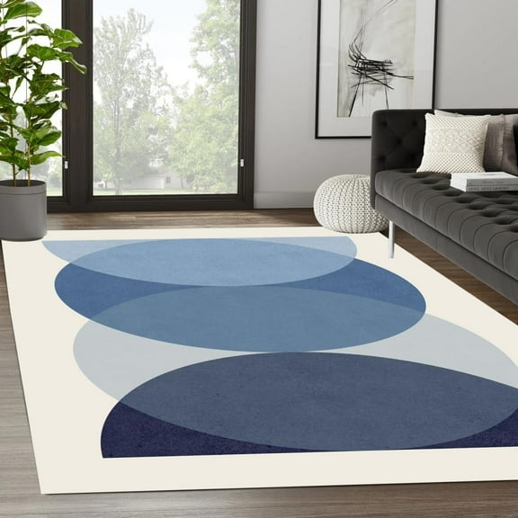 Cream Blue Mid Century Modern Minimalist Pattern Area Rug Soft Thick Washable Art Deco Rug For Living Room Bedroom Diningroom Boho Cute Home Office Playroom Floor Carpet Mat 3x5ft