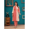 thumbnail image 1 of Cream Bold Red Floral Printed Front Stripe Muslin Kurta Set, 1 of 5