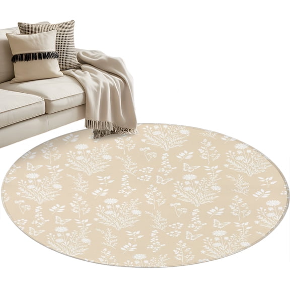 Cream Botanical Round Rug 3ft Area Rug Washable Soft Non-Slip 3' Circle Low Pile Rugs Spring Summer Chic Wildflowers Carpet for Bedroom Living Room Entryway Home Office Dining Room