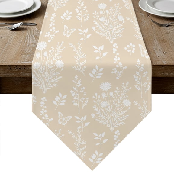 Cream Botanical Table Runner Linen Burlap Table Runner 120 Inches Long Spring Summer Chic Wildflowers Dresser Scarves for Kitchen Island Coffee Dining Room Party Wedding Holiday Decor 13"x120"