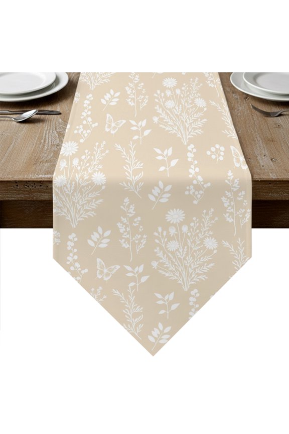 Cream Botanical Table Runner Linen Burlap Table Runner 120 Inches Long Spring Summer Chic Wildflowers Dresser Scarves for Kitchen Island Coffee Dining Room Party Wedding Holiday Decor 13"x120"