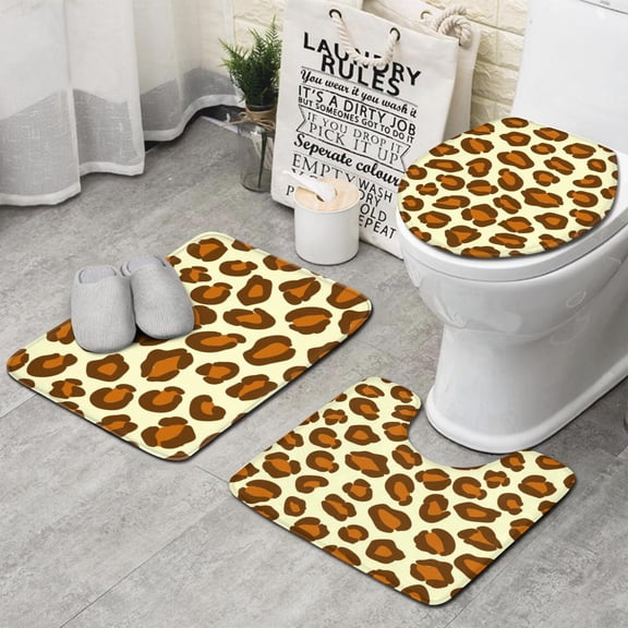 Cream and Brown Of Leopard Print Bathroom Rugs Sets 3 Piece,Toilet Cover Set,Absorbent Non Slip Bathroom Mats Sets with U-Shaped Contour Rug Toilet Rug Set
