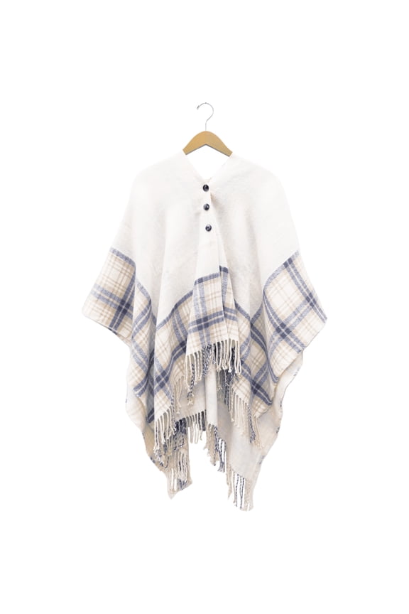 Cream, Camel & Navy Plaid - 48" x 63" Ruana One Size Fits Most