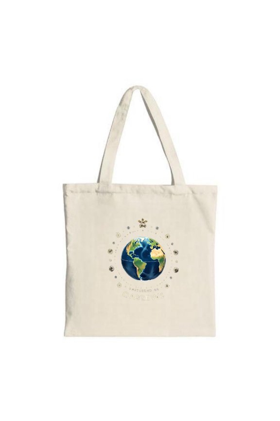Cream Canvas Tote Bag featuring an Earth illustration with stars and geometric patterns perfect for shopping travel and parties
