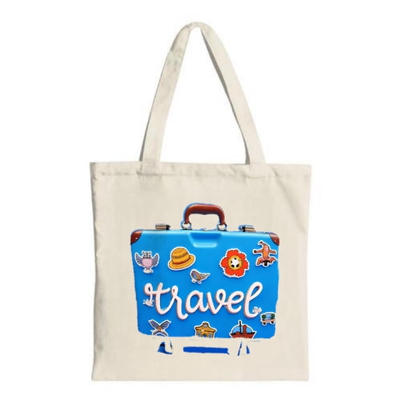 Cream Canvas Tote Bag with Blue Suitcase Design Travel Stickers & ' Travel ' in Cursive - Perfect for Shopping & Parties