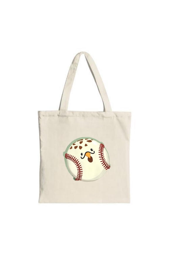 Cream Canvas Tote Bag with Cartoon Baseball Design - Smiling Baseball with Red Stitching Perfect for Shopping Travel & Parties