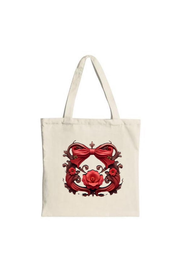 Cream Canvas Tote Bag with Elegant Red Bow & Roses Design Perfect for Shopping Travel and Parties - Stylish & Reusable