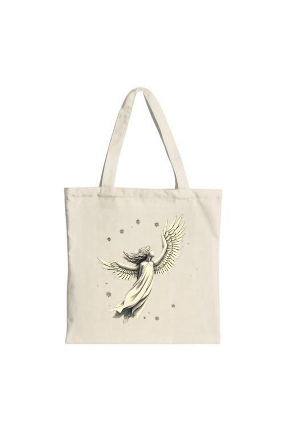 Cream Canvas Tote Bag with Ethereal Angel Illustration Outstretched Wings Stars & Snowflakes - Perfect for Shopping & Travel