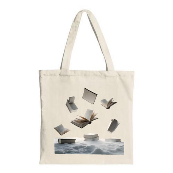 Cream Canvas Tote Bag with Floating Books & Open Pages Design Snowy Landscape Background - Perfect for Shopping Travel & Parties