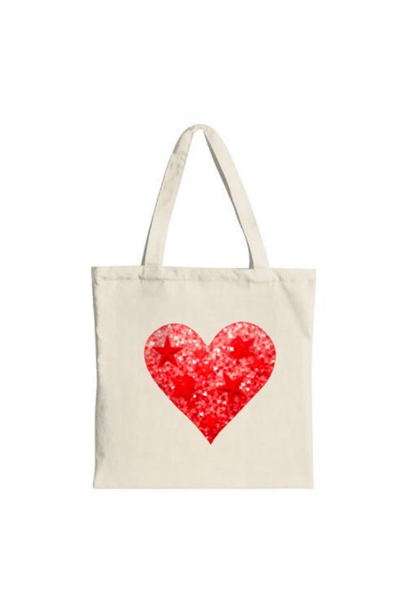 Cream Canvas Tote Bag with Glittery Red Heart and Stars Design - Perfect for Shopping Travel and Parties Stylish and Reusable